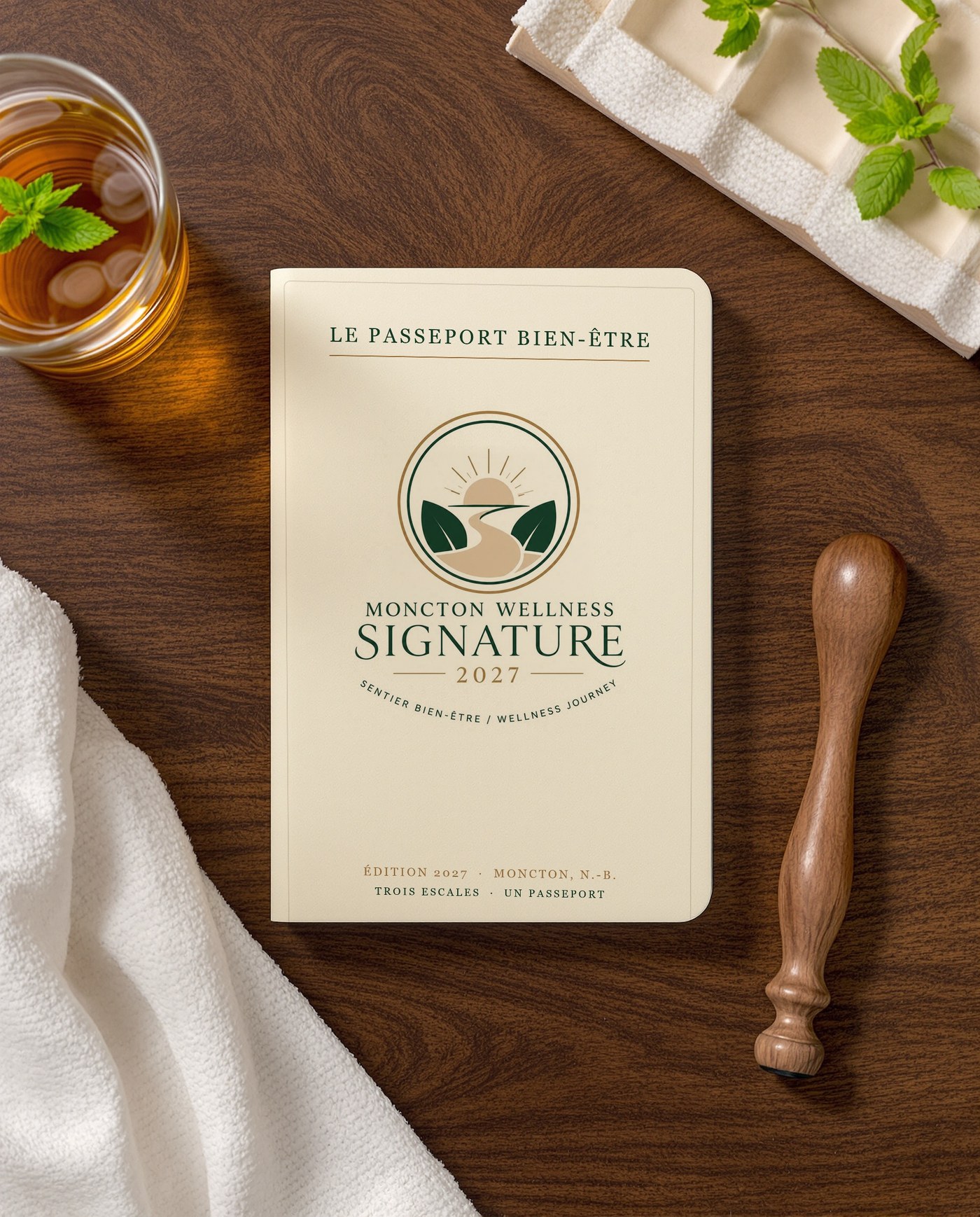 The Moncton Wellness Signature passport and its wooden stamp