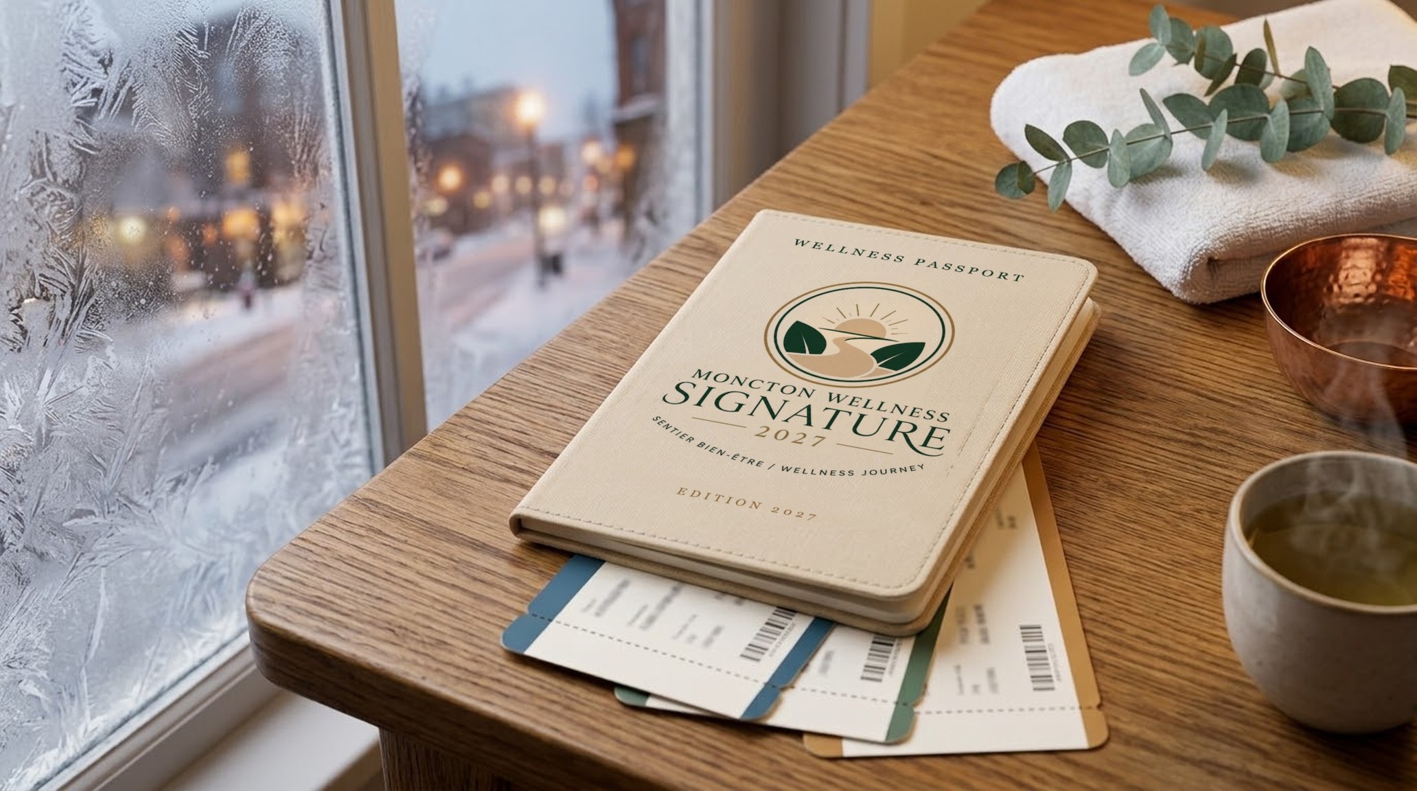 The Moncton Wellness Signature Wellness Passport on a table by a frosted winter window, with three boarding passes